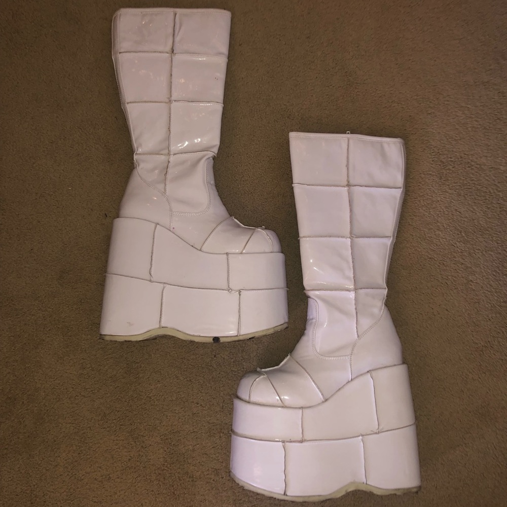 white double stack demonia platform boots